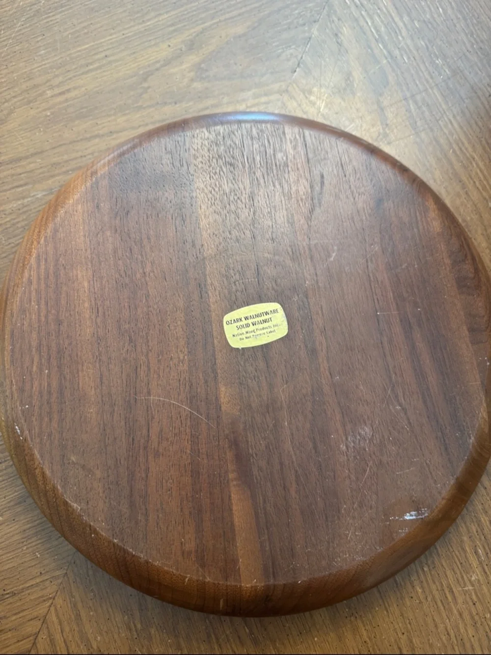 Ozark Walnutware Solid Walnut Round Wood Serving Tray Brass Leaf Handles Vintage